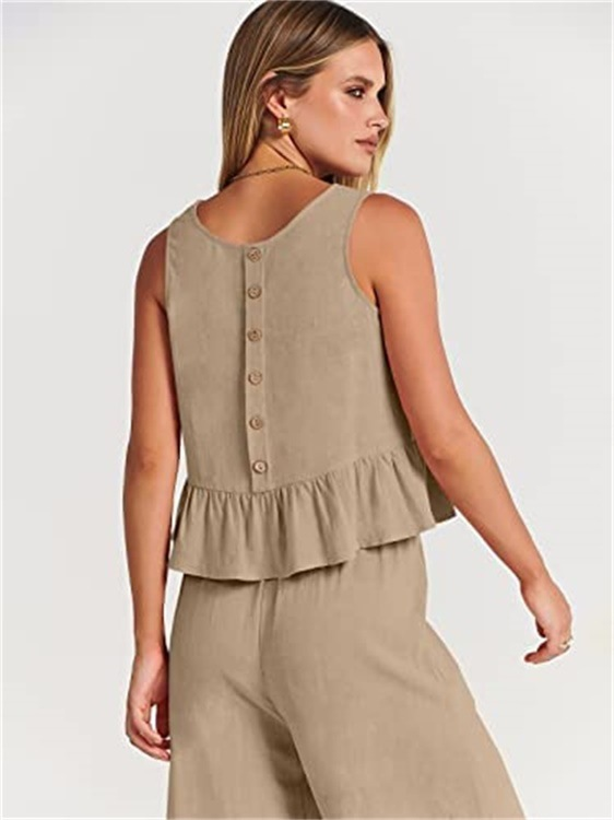 Ärmelloses Rüschenoberteil und weit geschnittene Hose aus Leinen-Baumwolle für Damen – Bohemian-Sommeroutfit_voghion.com