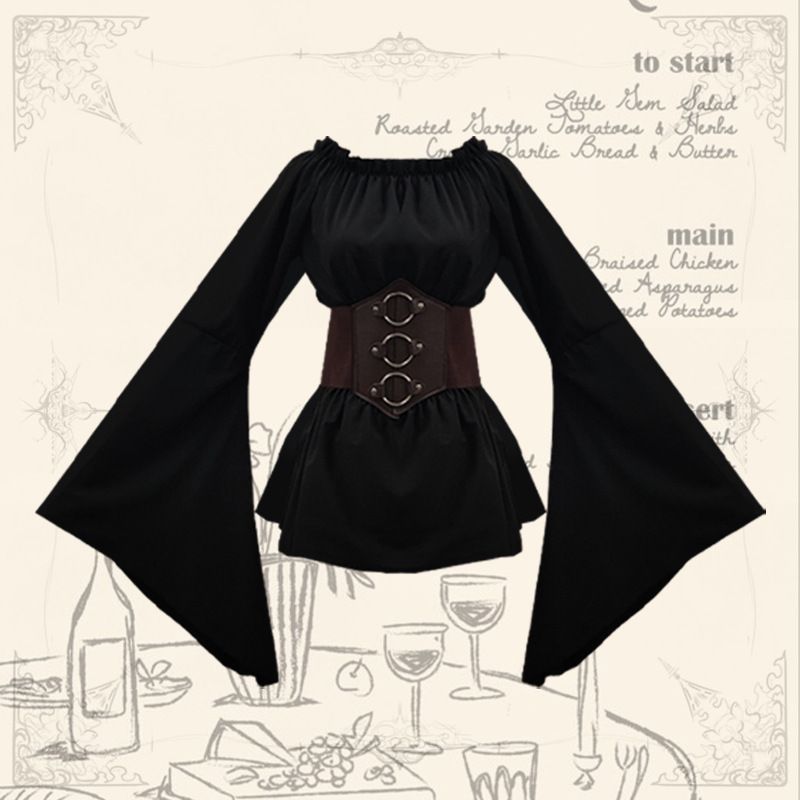 Mittelalter Renaissance Langarm Tunika Top Halloween Bühnenshow Kleid Piratenhemd Mädchen_voghion.com