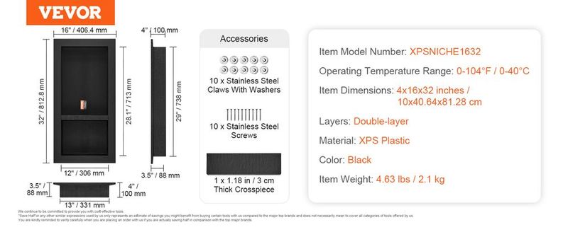 VEVOR Shower Niche Ready For Tile 16" X 32", Double Shelf Organizer, Square Corners Wall-inserted Niche Recessed, Sealed Protection Modern Soap Storage Niche For Shower Bathroom, Black_voghion.com