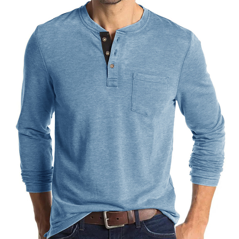 Henley-T-Shirts für Herren mit Knopfleiste, langen Ärmeln und Tasche, entspannte Passform, 100 % schwere Baumwolle_voghion.com
