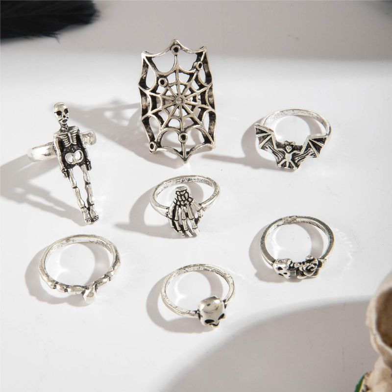 Juego de siete anillos de telaraña de murciélago estilo punk con calavera y personalidad oscura para Halloween_voghion.com