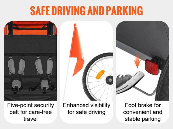 VEVOR Bike Trailer For Toddlers, Kids, Double Seat, 100 Lbs Load, 2-In-1 Canopy Carrier Converts To Stroller, Tow Behind Foldable Child Bicycle Trailer With Universal Bicycle Coupler, Orange And Gray_voghion.com