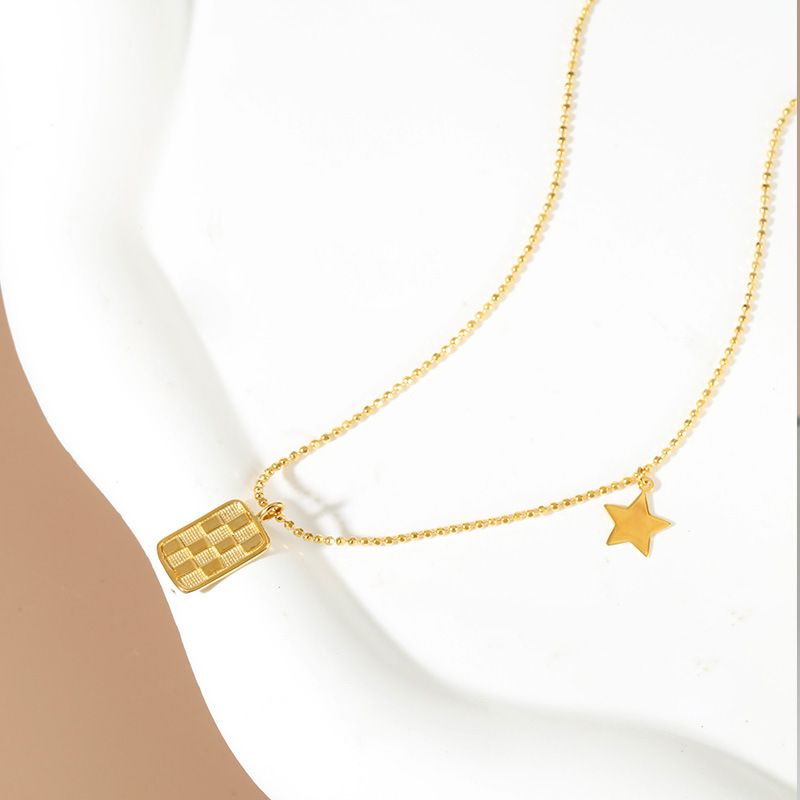 S925 sterling silver checkerboard square and star pendant necklace_voghion.com