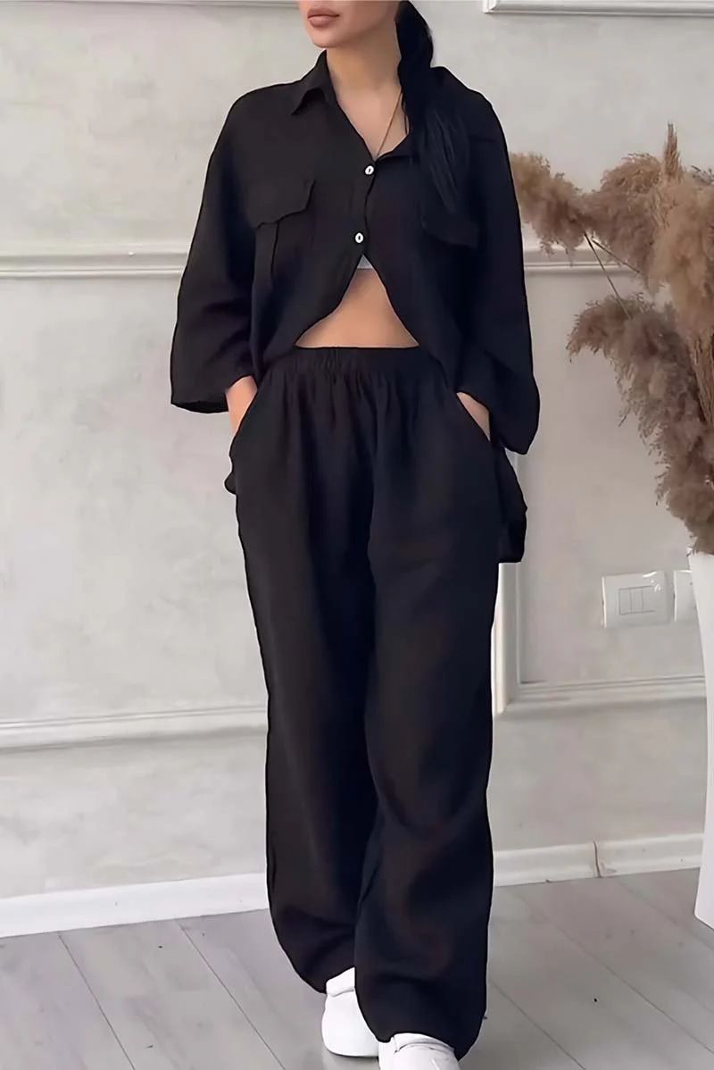 Abbigliamento da donna, due pezzi, camicia in cotone e lino, completo, pantaloni larghi a vita alta, taglie forti_voghion.com