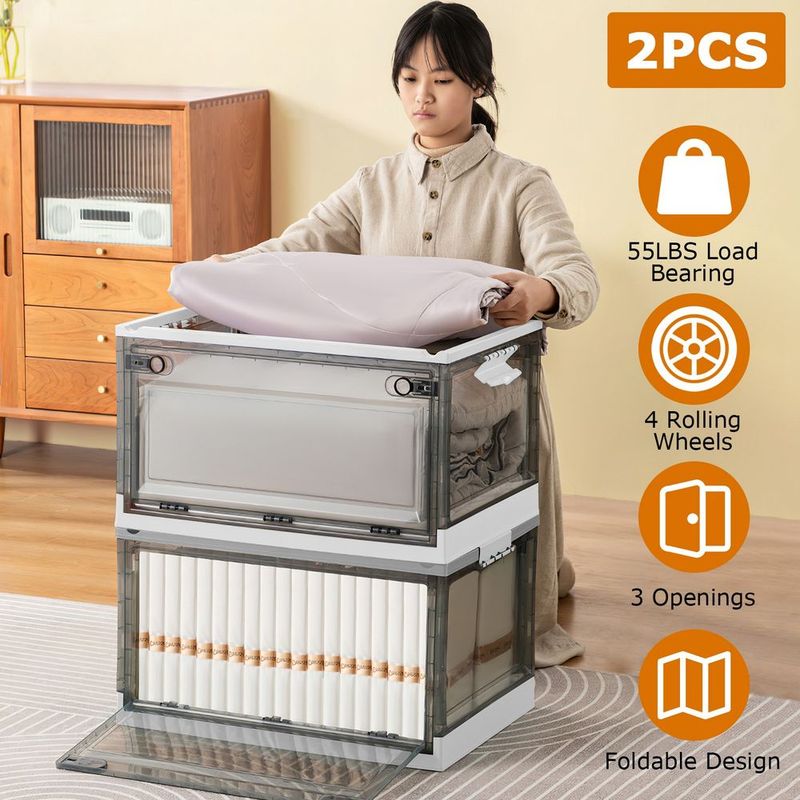 2 Packs Foldable Storage Bins Collapsible Storage Box Organizer Stackable Toy Container With Double Doors Top Lid Rolling Wheels For Clothes Toys Bo_voghion.com