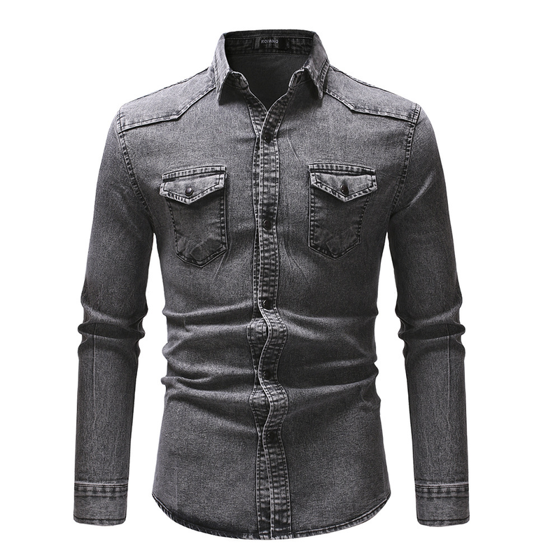 2020 Frühlingsmode Vier Jahreszeiten Modell Doppeltasche Herren Casual Langarm Jeanshemd 3011_voghion.com