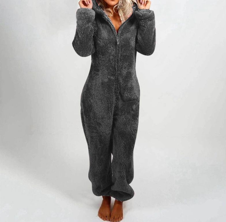 Women's Autumn And Winter Fleece Thickened Fluffy Jumpsuit Home Hooded Bear Pajamas_voghion.com