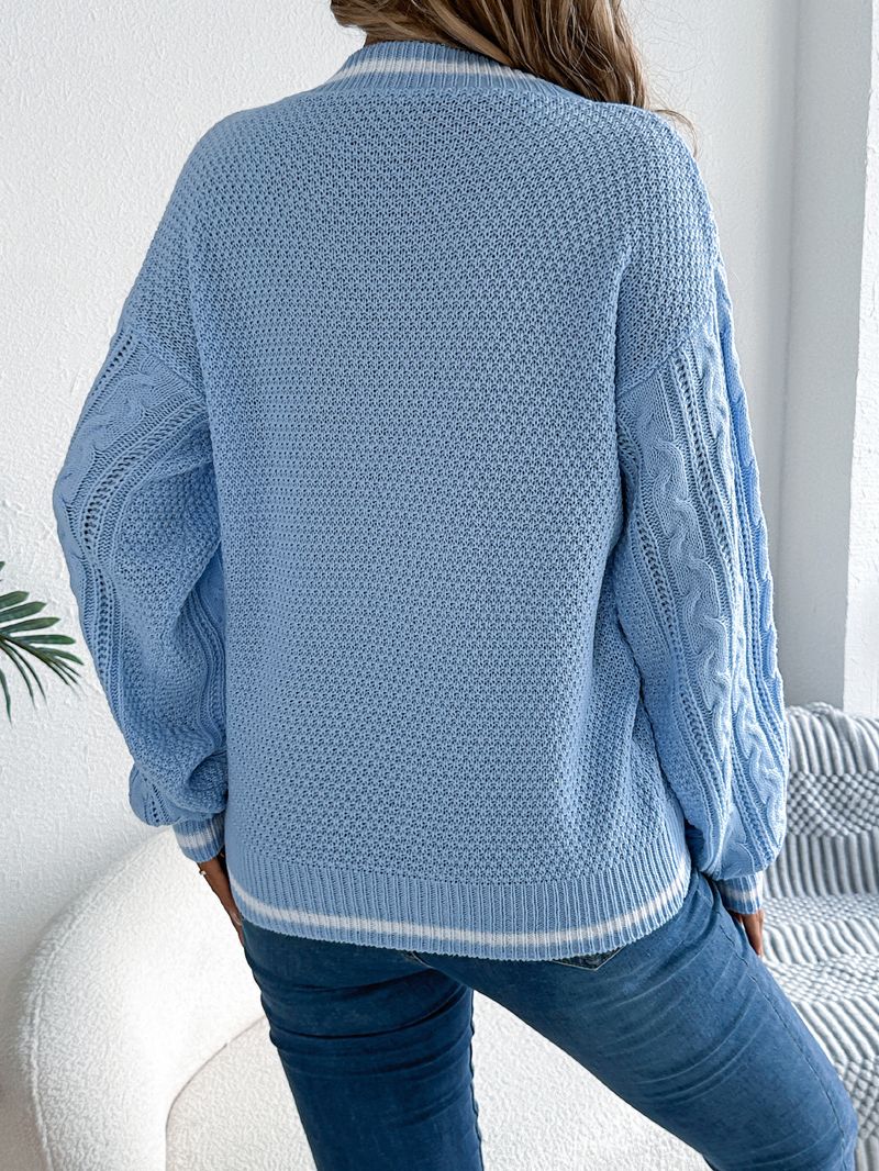 Maglione a maniche lunghe in maglia a trecce con scollo a V, stile college, autunno inverno 2025, moda donna_voghion.com