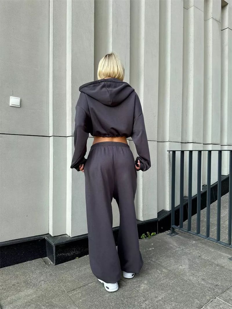 Conjunto de moletom com capuz e calça de moletom feminino casual - Pulôver de manga comprida com cordão, roupa de rua de duas peças (preto/cinza/marrom)_voghion.com