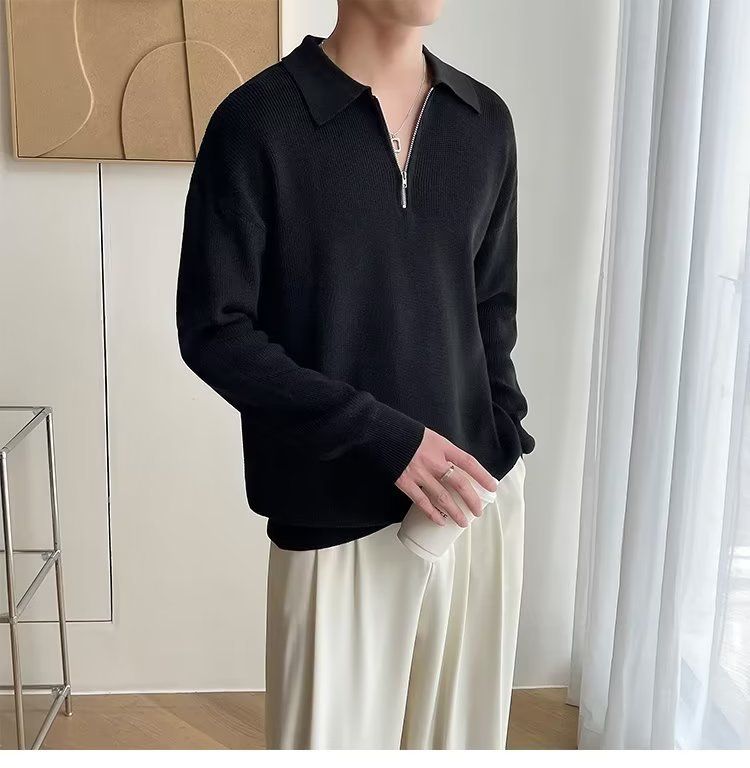 Maglione da uomo con colletto polo e mezza zip, autunno inverno, pullover lavorato a maglia, stile giapponese, semplice, casual, elegante, base_voghion.com