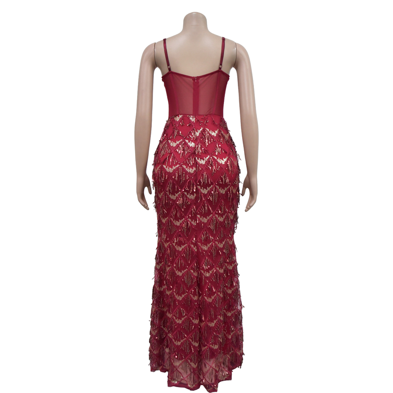 Women's Solid Color Sequin Sexy Suspender Long Skirt Dress_voghion.com