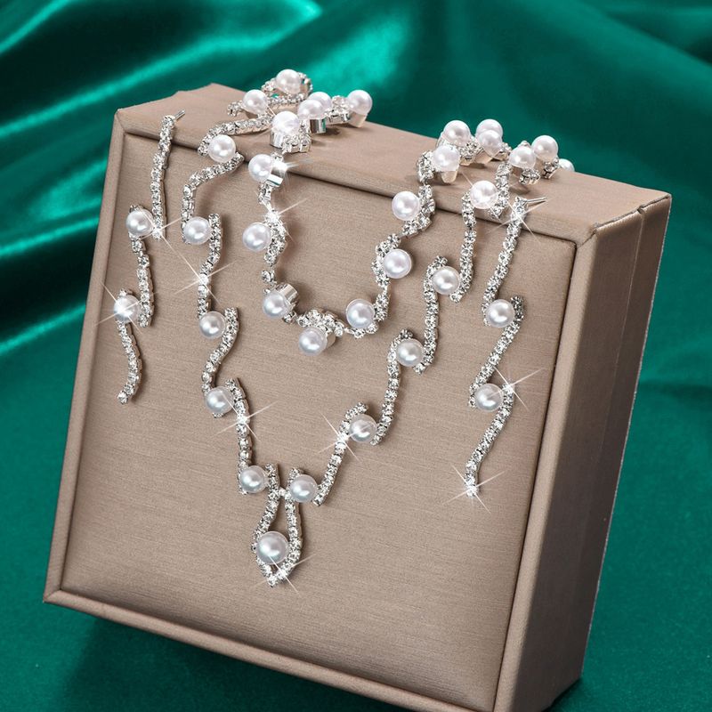 Set di gioielli da sposa per donna - Collana e orecchini in argento sterling con perle e diamanti (completo di gioielli da sposa)_voghion.com