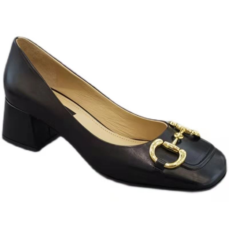 p9 station women's 21 new European goods shallow mouth retro square toe French horsebit thick-heeled single high-heeled_voghion.com