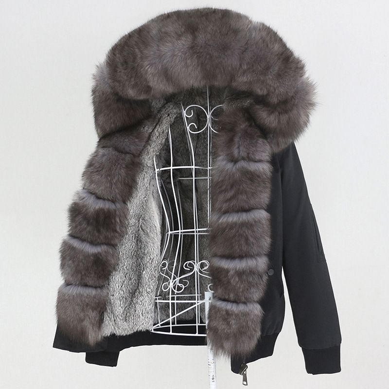 Damenbekleidung Parka im neuen Stil mit dickem Kaninchenfellfutter, abnehmbarem echtem Fuchspelz, großer Pelzkragenjacke, Pelzmantel_voghion.com