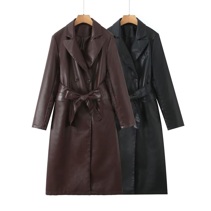 Trench in similpelle di ispirazione francese per donna – Cappotto lungo con cintura e dettagli in rilievo 3D (S-L, nero/marrone)_voghion.com