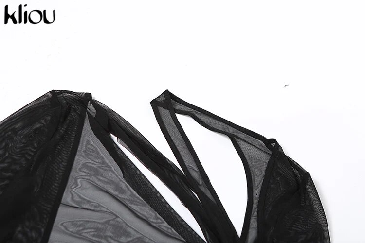 Kliou Vestido Maxi de Malha Elegante Transparente Feminino Hipster Manga Completa Sem Costas Modelando o Corpo Robe Deslumbrante Vestido Feminino para Noite_voghion.com