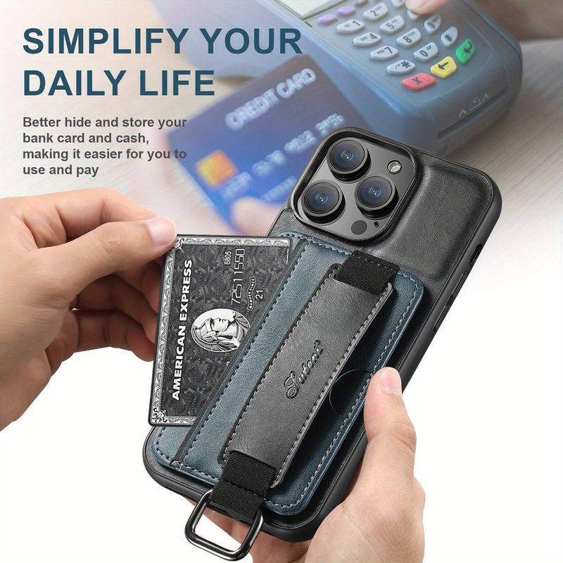 Phone Case with Back Card Holder, Wrist Strap Stand and Metal Ring Buckle, For 12, 13, 14, 15, 13 Pro Max, 14 Pro Max, 15 Pro Max_voghion.com
