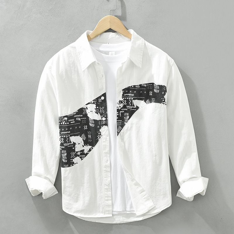 6732 Camicie a maniche lunghe da uomo in stile retrò giapponese, con stampe alla moda, cuciture, top casual larghi, una generazione._voghion.com