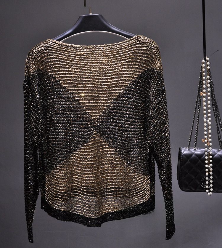 Maglione in maglia larga con paillettes cave europee e americane, vendita calda transfrontaliera, camicia in seta brillante a maniche lunghe_voghion.com