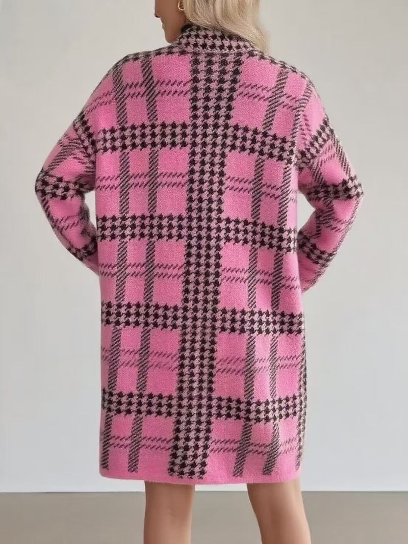Chic Longline Houndstooth Cardigan – Oversized Open-Front Knit Wrap (Work To Weekend)_voghion.com