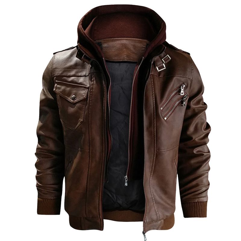 Men's Clothing leather jacket men's slim zipper PU motorcycle youth hooded coat jacket_voghion.com