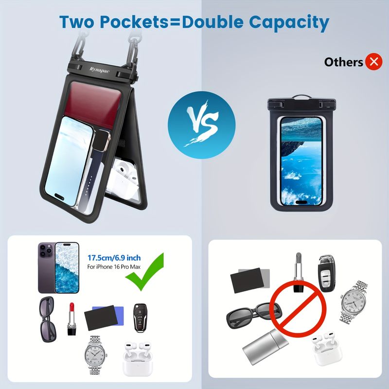 Waterproof Shockproof Phone Bag 2pcs Rynapac Double Compartment 8in Dry Bag Crystal Clear Sandproof For IPhone16 15 14 13 12 Pro Max Swimming Boating_voghion.com