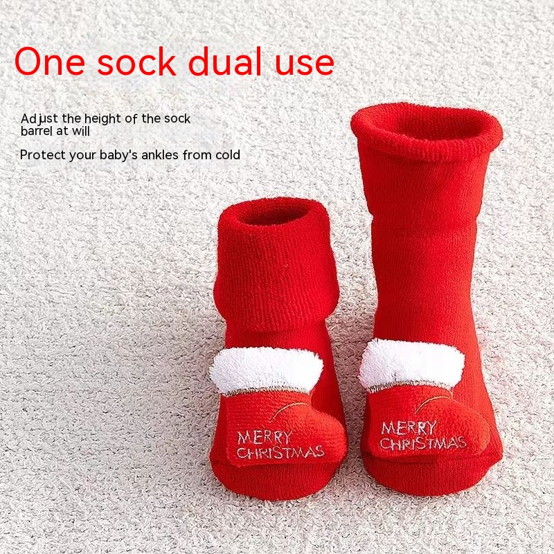 Children's floor Christmas plush loops, cartoon new year red figurines, medium size baby socks,_voghion.com