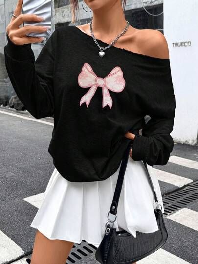 Elegant Off-Shoulder Blouse With Bow Print - Flowy Loose Fit Long Sleeve Top - Soft Polyester Fabric - Casual Chic Women's Fashion_voghion.com