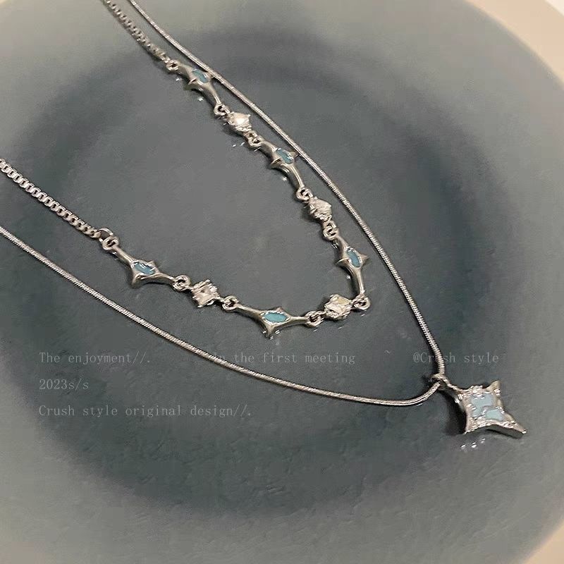 Double Layer Blue Four-pointed Star Zircon Summer Ins Niche Design High-end Accessories Fashionable Elegant Necklace_voghion.com