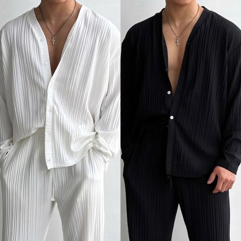 Cárdigan de punto con escote en V profundo, sexy, de color sólido fino para hombre, conjunto informal de dos piezas a la moda para hombre_voghion.com