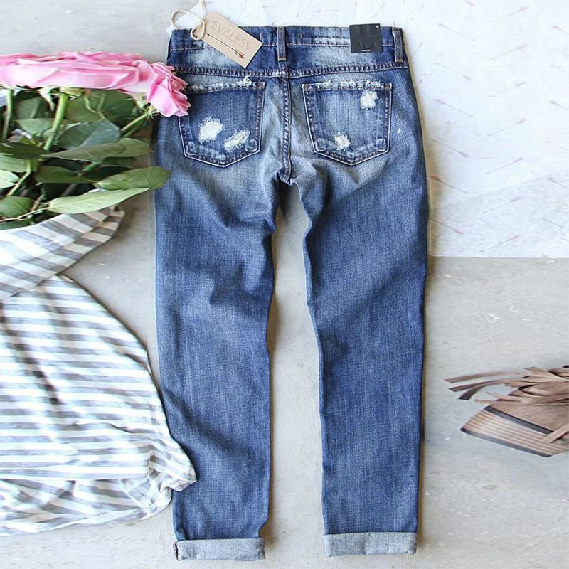 Gerade Jeans Damen Weihnachten Schneeflocke Gedruckt Patch Zerrissene Denim Hose_voghion.com