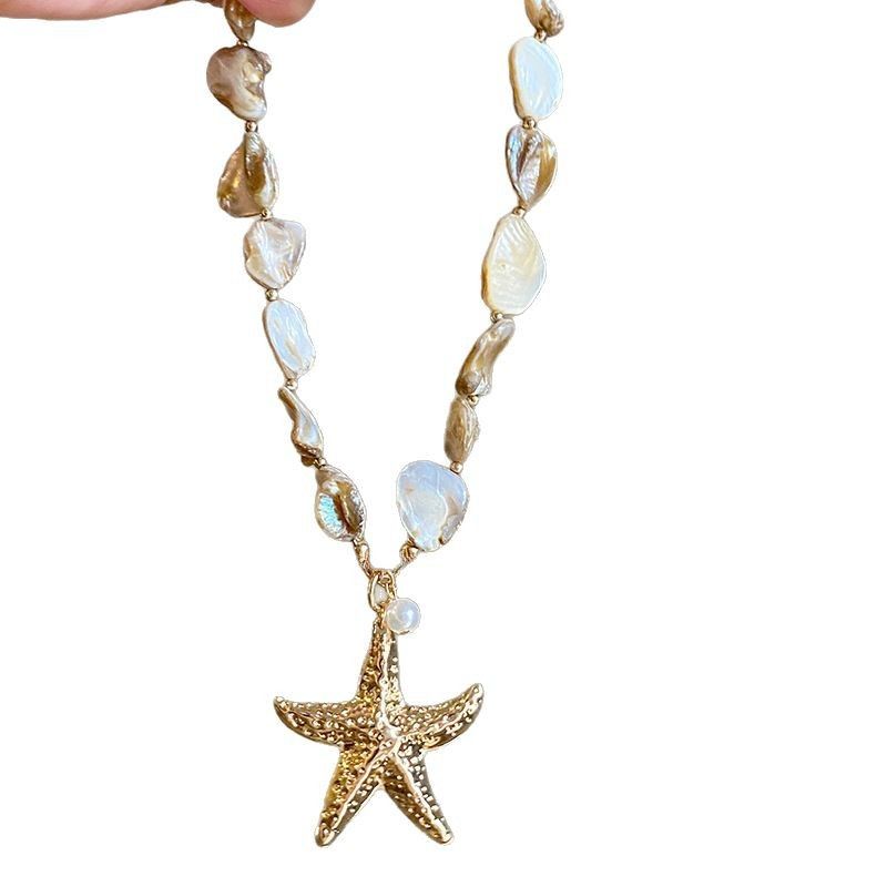 Schelp, zeester, schelp, parelketting, zomerse strandvakantiestijl, sleutelbeenketting, modieus en veelzijdig_voghion.com