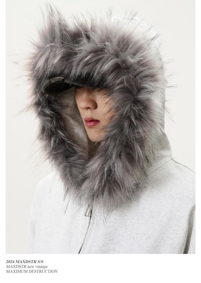 Felpa con cappuccio e cerniera in stile retrò americano da uomo, con collo in pelliccia, da uomo e da donna, corta, in tinta unita, Cleanfit_voghion.com
