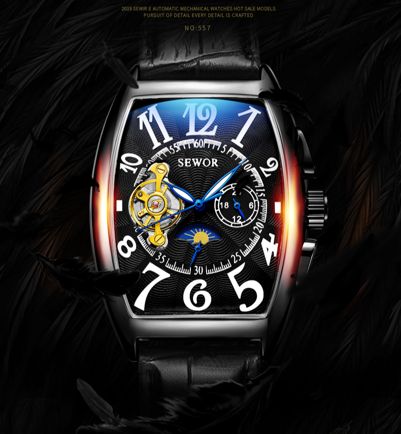 Montre mécanique noire pour homme de marque SEWOR 677 avec bracelet en cuir véritable de qualité supérieure et ensemble de montres à tourbillon volant 24 heures_voghion.com