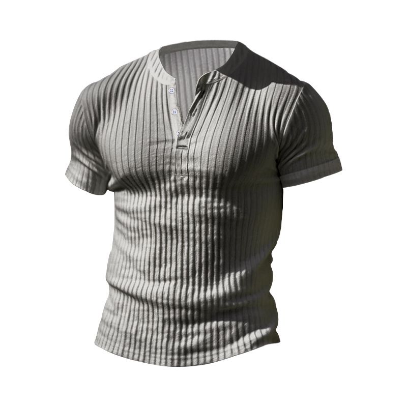 Abbigliamento da uomo T-shirt slim a maniche corte con scollo a V e bottoni casual in tinta unita_voghion.com