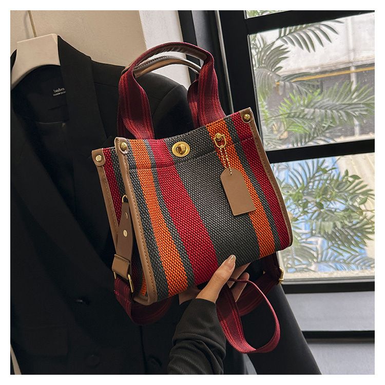 Borsa tote da donna, borsa tote a mano alla moda a righe da donna, borsa a tracolla monospalla in tela color-block di grande capacità_voghion.com