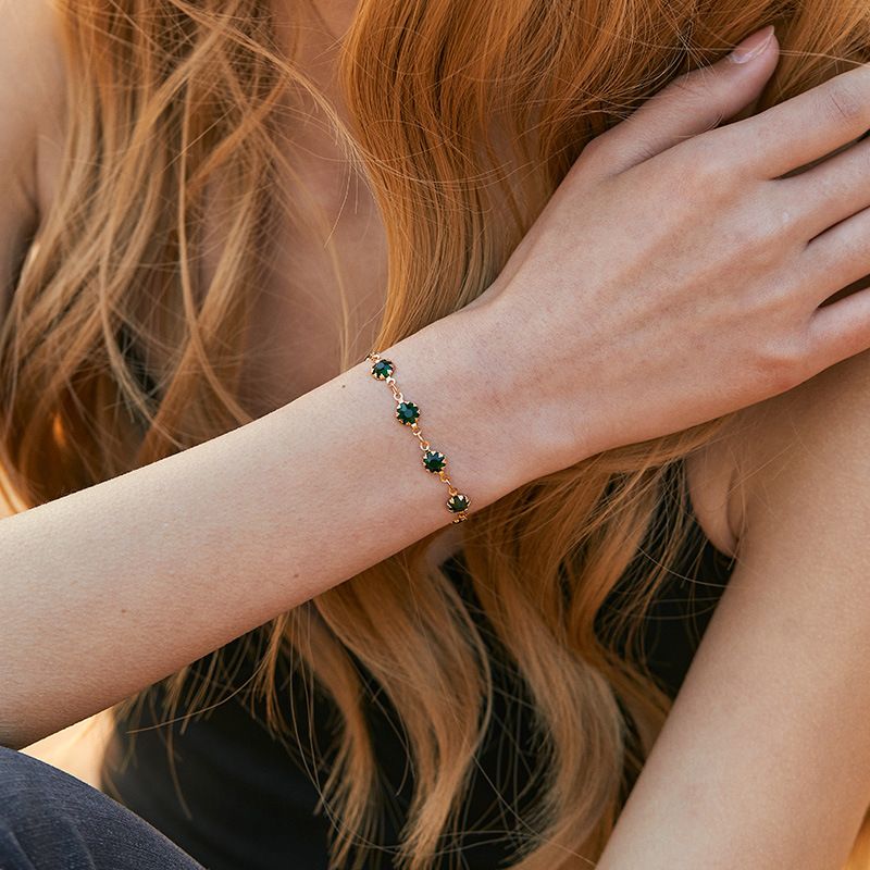 Pulseira francesa de ouro verdadeiro banhada a cobre estilo retrô K incrustada com textura de zircônia verde escura joias requintadas_voghion.com