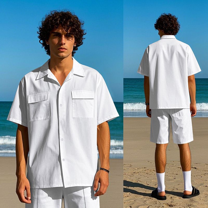 Amerikan Yaz İnce Erkek Bol Günlük Hawaii Hafif Lüks İş Giyim Kısa Kollu Gömlek Şort Takımı Erkekler İçin_voghion.com