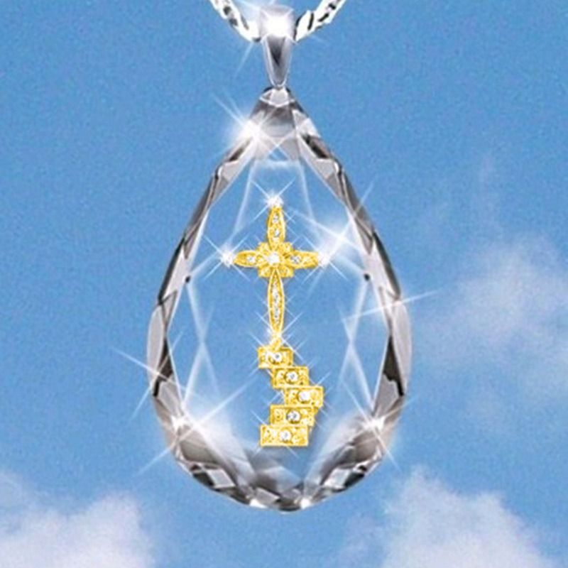 Collana con ciondolo a forma di croce di cristallo religioso Yuanjing, con scala celeste, tempestata di diamanti, per uomo e donna._voghion.com