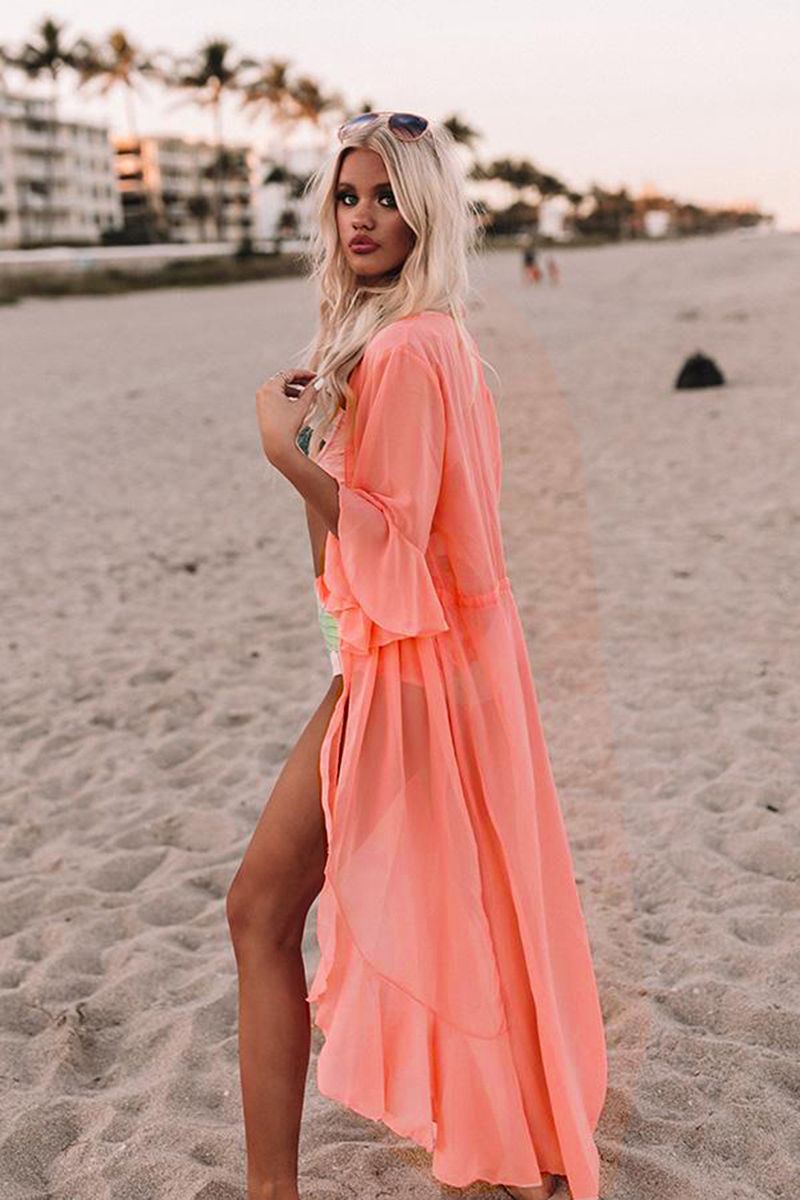 Women’s Chiffon Beach Cover-Up – Long Bikini Swimsuit Jacket (One Size, Orange-Pink Gradient, UV Protection & Boho Style)_voghion.com