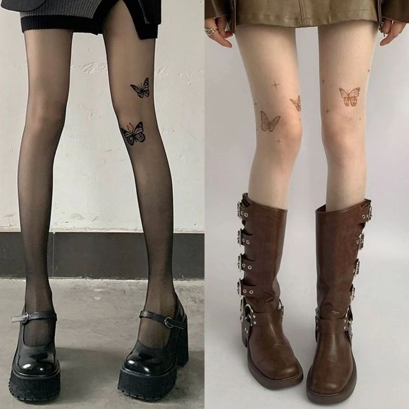 Neue weiße Strümpfe aus reinen Anti-Haken-Strümpfen für Damen im Frühjahr und Herbst mit schwarzem Schmetterlings-Tattoo-Druck, Strumpfhosen-Leggings_voghion.com