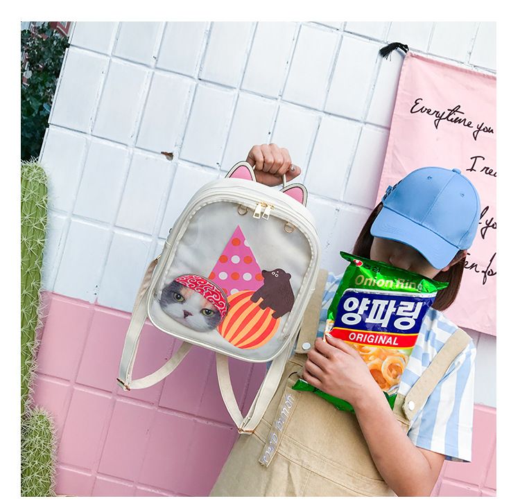 Zaini in pelle con orecchie di gatto adorabili Borsa trasparente color caramello Borse a tracolla da donna Zaino da viaggio per ragazze adolescenti_voghion.com