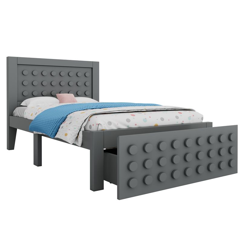 Holzbett 90x200cm mit Blockdesign, Massivholz, Schubladen, Grau_voghion.com