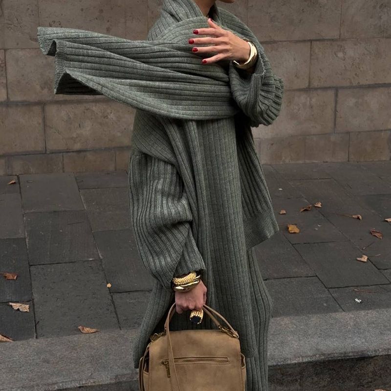 Oversized Knit Sweater & Scarf Set – Fall/Winter Women's Loungewear (Wine Red/Sage Green/Gray, S-L)_voghion.com