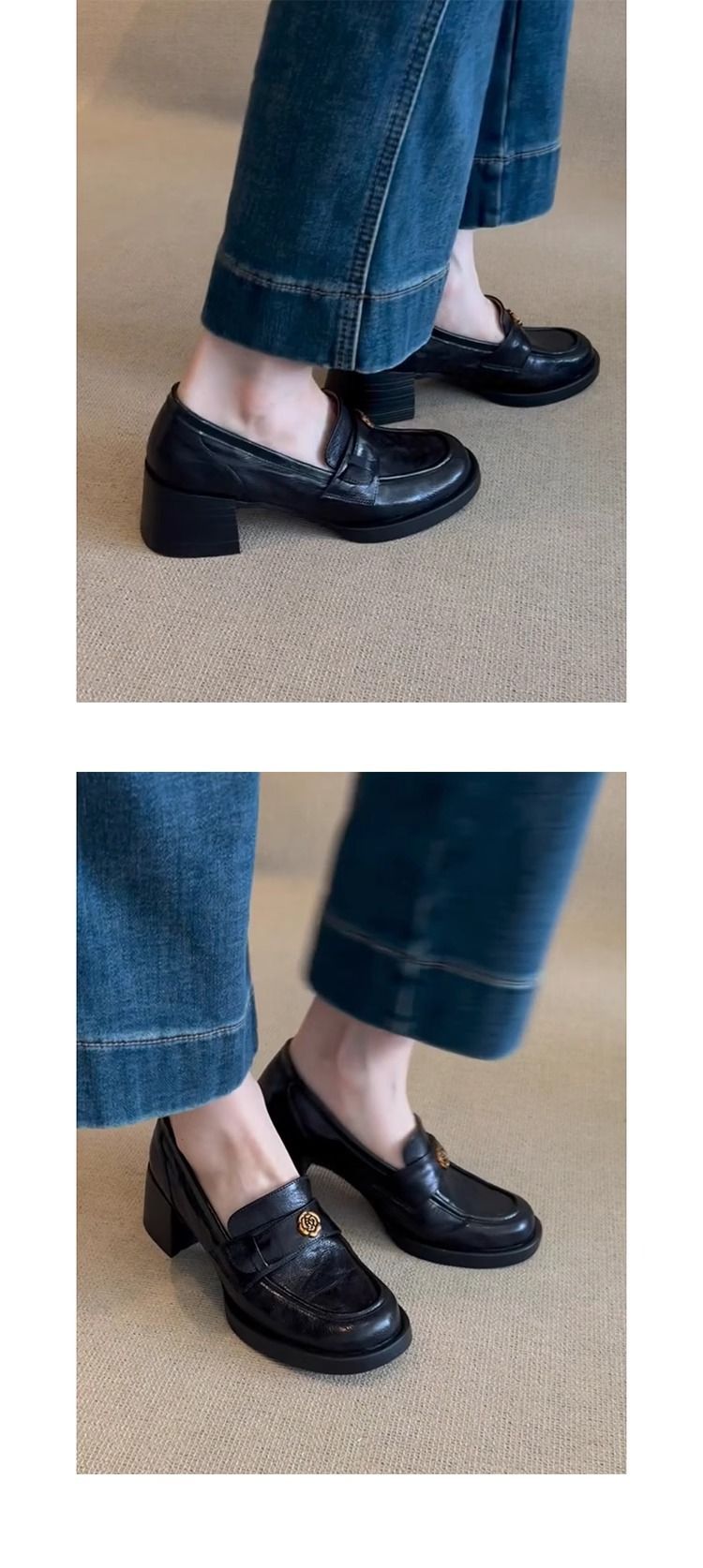 Svarta höga klackar loafers kvinnliga våren nya små läderskor med tjocka temperament singelskor_voghion.com