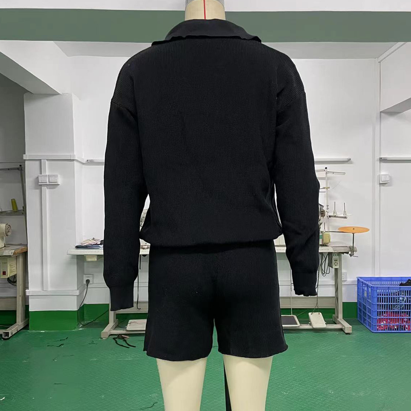 Damenbekleidung Damen V-Ausschnitt Langarmoberteil Kordelzug Weite Beinshorts Damen Freizeitpullover Zweiteiliges Set_voghion.com