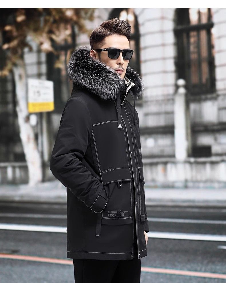 "Luxury Men's Rex Rabbit Fur-Lined Parka – Detachable Fox Fur Collar, Long Winter Coat With Loose Fit For Ultimate Warmth & Style"_voghion.com