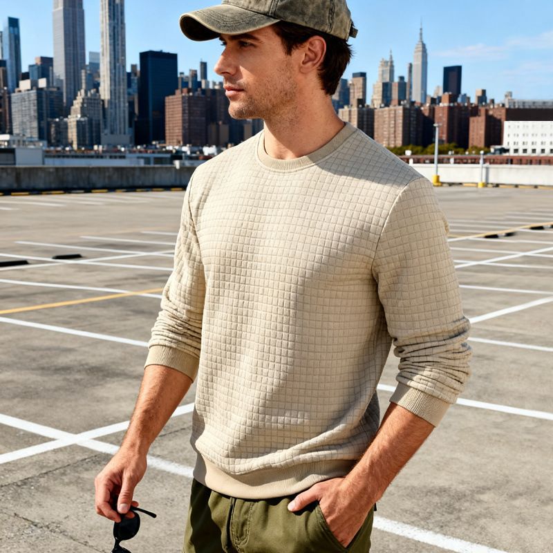 Felpa casual da uomo in poliestere spesso con scollo rotondo, maniche lunghe e motivo jacquard, vestibilità comoda per primavera e autunno._voghion.com