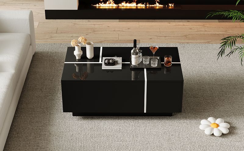 Table basse carrée noire moderne 100 x 60 x 40 cm, finition patchwork brillante, 4 tiroirs et plateau coulissant, supporte jusqu'à 30 kg._voghion.com
