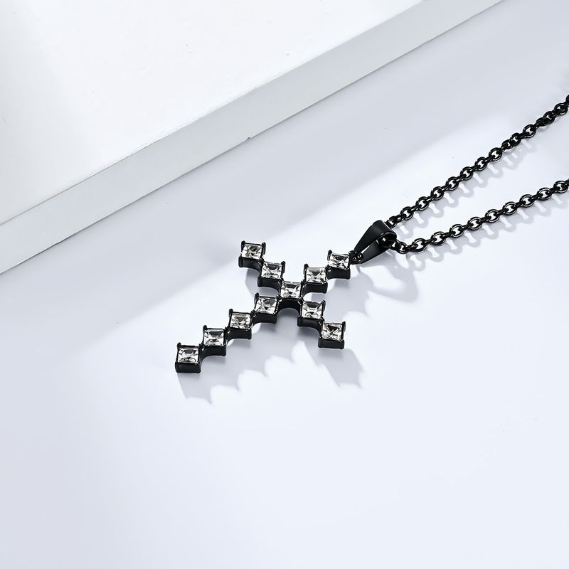 Neutral genderless light luxury style diamond studded titanium steel cross necklace for men and women with personalized diamond square diamond cross_voghion.com